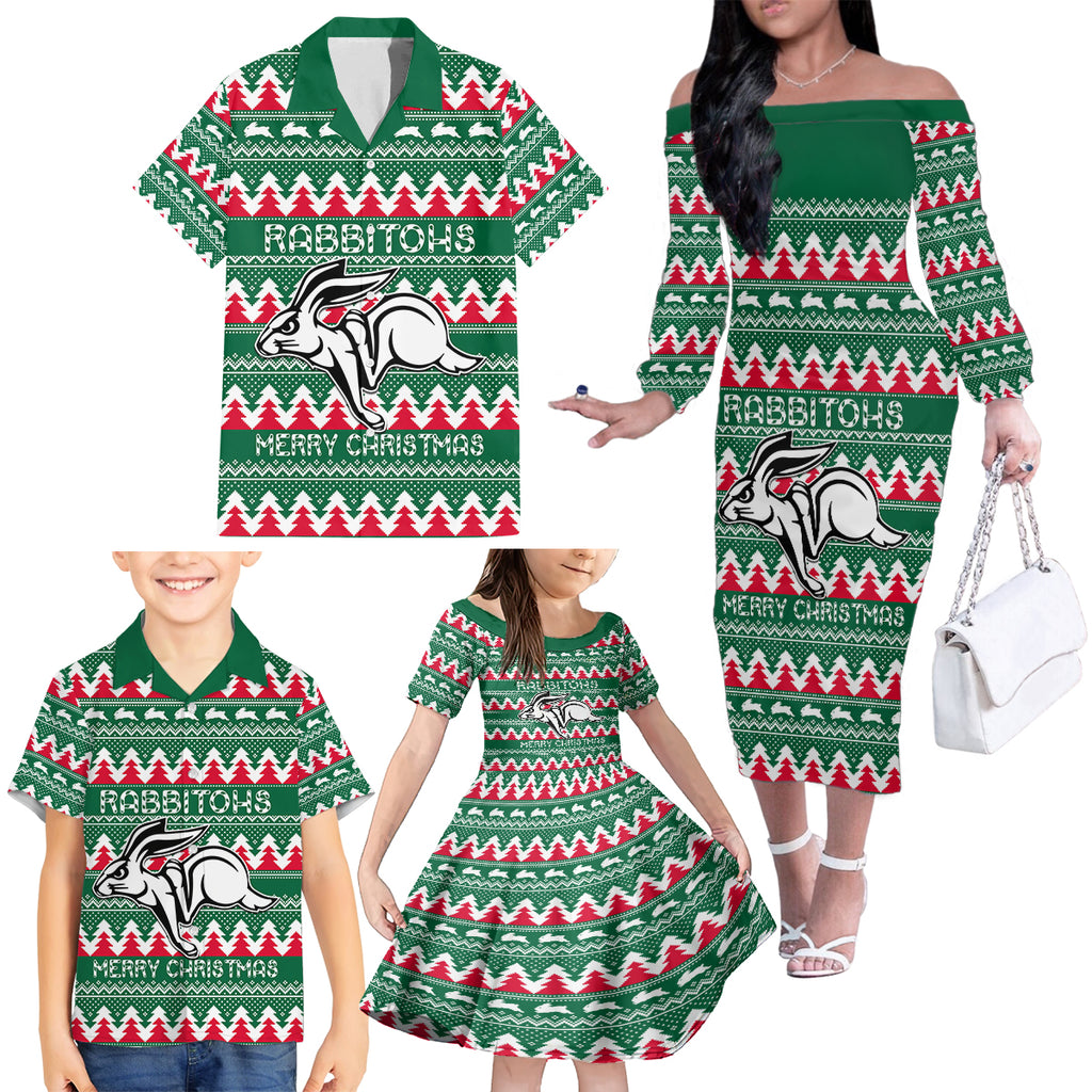 Personalised Rabbitohs Rugby Family Matching Off Shoulder Long Sleeve Dress and Hawaiian Shirt Christmas Simple Vibe 2023 LT9