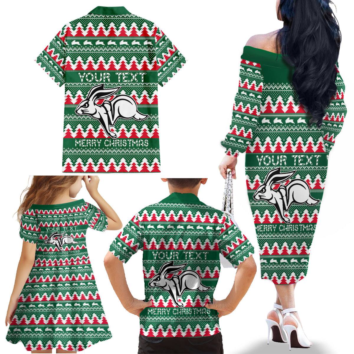 Personalised Rabbitohs Rugby Family Matching Off Shoulder Long Sleeve Dress and Hawaiian Shirt Christmas Simple Vibe 2023 LT9
