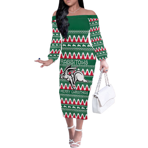 Personalised Rabbitohs Rugby Family Matching Off Shoulder Long Sleeve Dress and Hawaiian Shirt Christmas Simple Vibe 2023 LT9