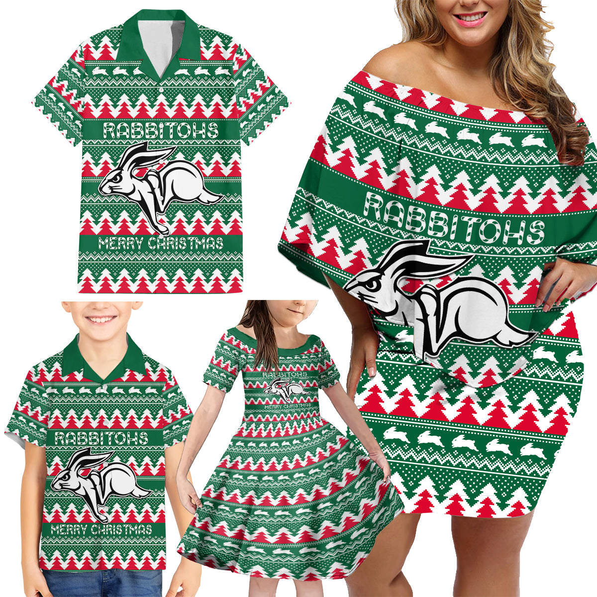 Personalised Rabbitohs Rugby Family Matching Off Shoulder Short Dress and Hawaiian Shirt Christmas Simple Vibe 2023 LT9