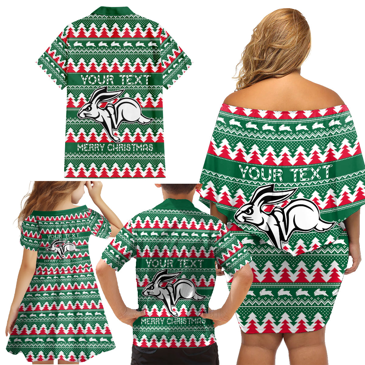 Personalised Rabbitohs Rugby Family Matching Off Shoulder Short Dress and Hawaiian Shirt Christmas Simple Vibe 2023 LT9