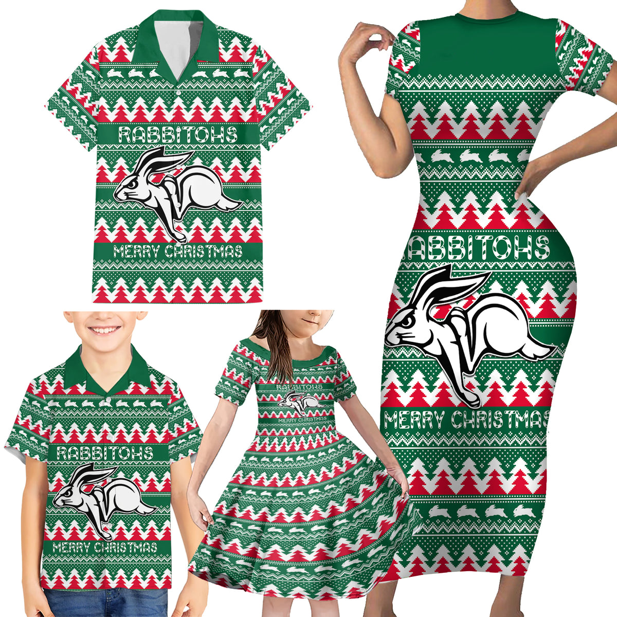 Personalised Rabbitohs Rugby Family Matching Short Sleeve Bodycon Dress and Hawaiian Shirt Christmas Simple Vibe 2023 LT9