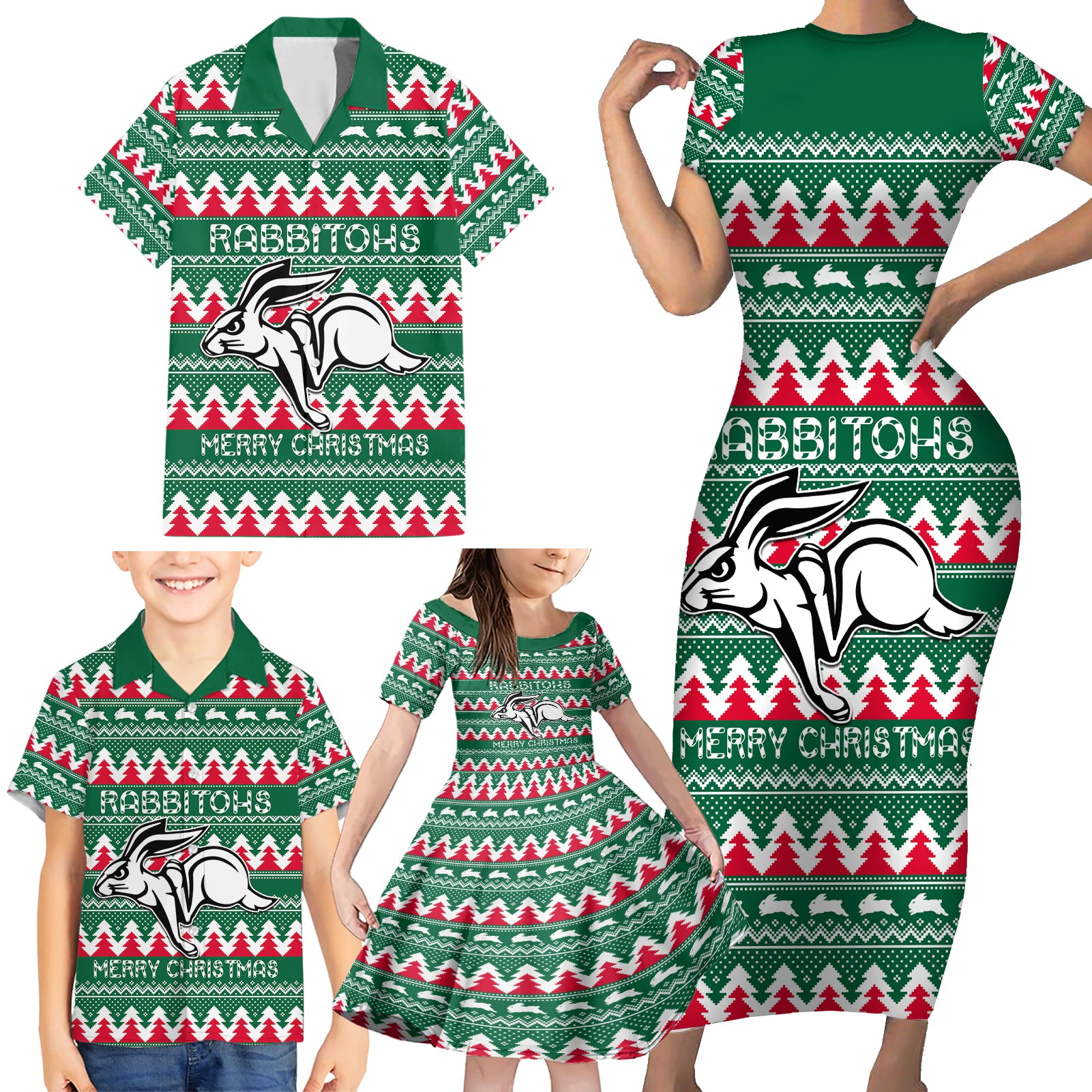 Personalised Rabbitohs Rugby Family Matching Short Sleeve Bodycon Dress and Hawaiian Shirt Christmas Simple Vibe 2023 LT9