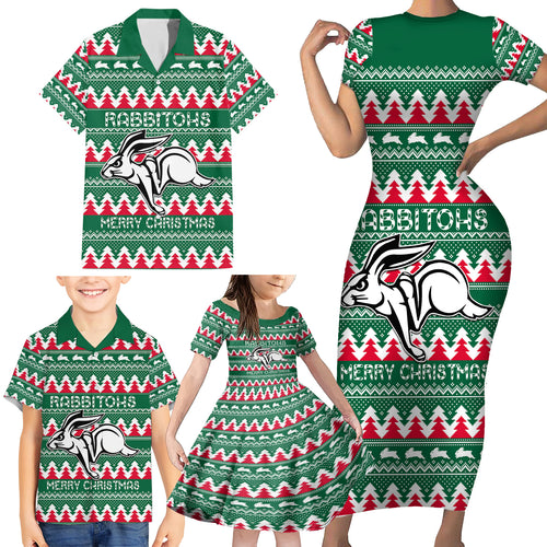 Personalised Rabbitohs Rugby Family Matching Short Sleeve Bodycon Dress and Hawaiian Shirt Christmas Simple Vibe 2023 LT9