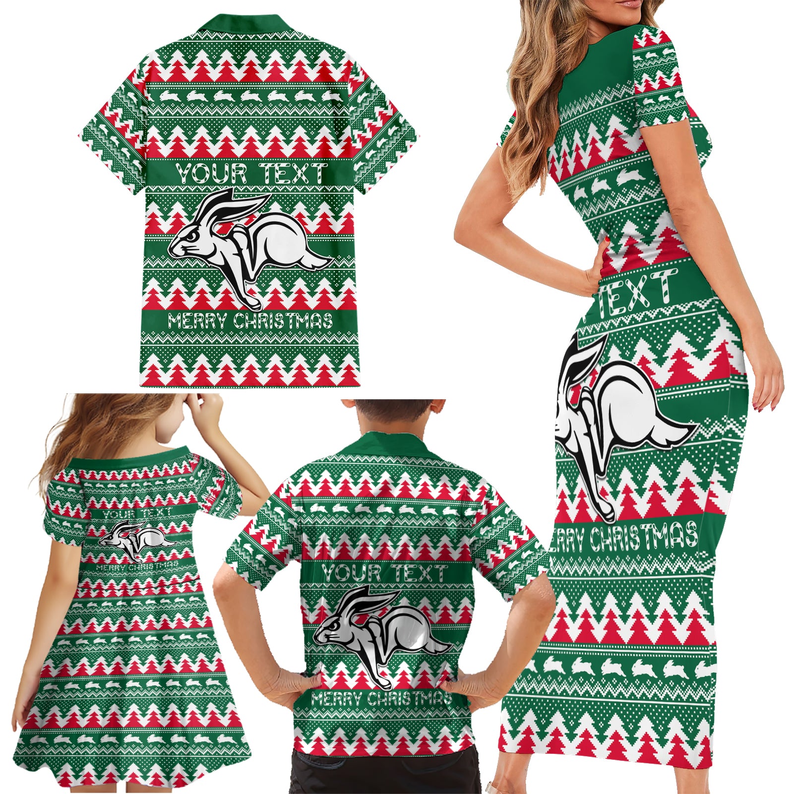 Personalised Rabbitohs Rugby Family Matching Short Sleeve Bodycon Dress and Hawaiian Shirt Christmas Simple Vibe 2023 LT9