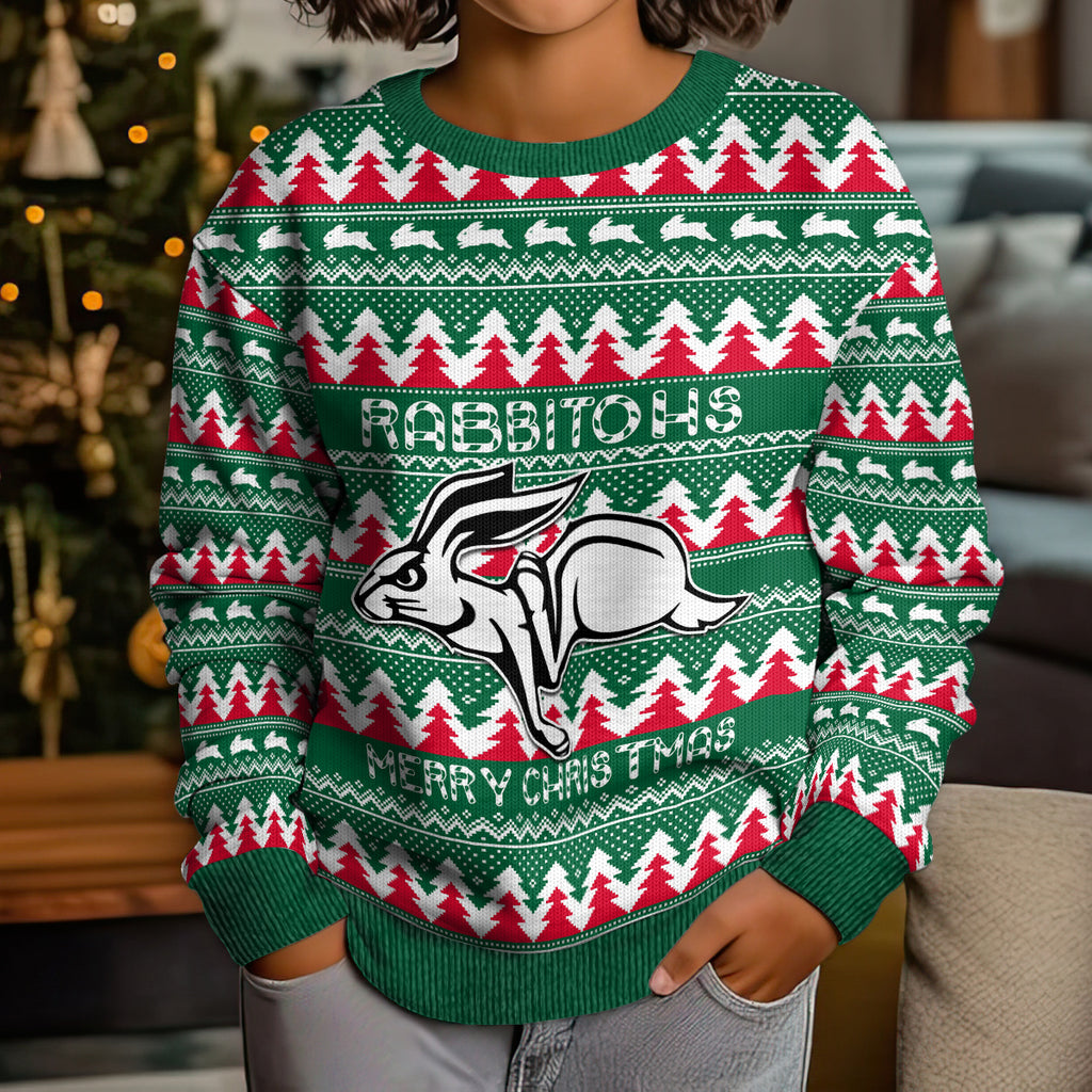 Personalised Rabbitohs Rugby Kid Ugly Christmas Sweater Christmas Simple Vibe 2023 LT9