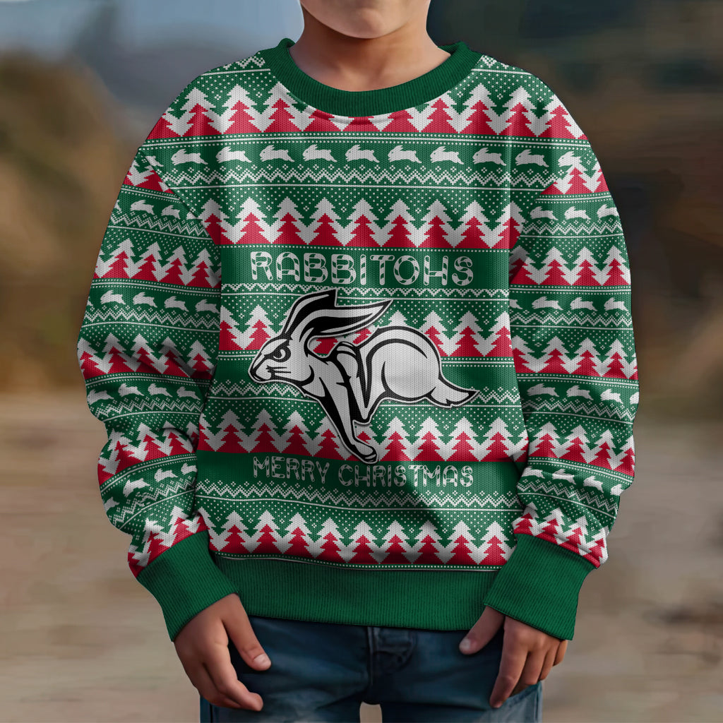 Personalised Rabbitohs Rugby Kid Ugly Christmas Sweater Christmas Simple Vibe 2023 LT9