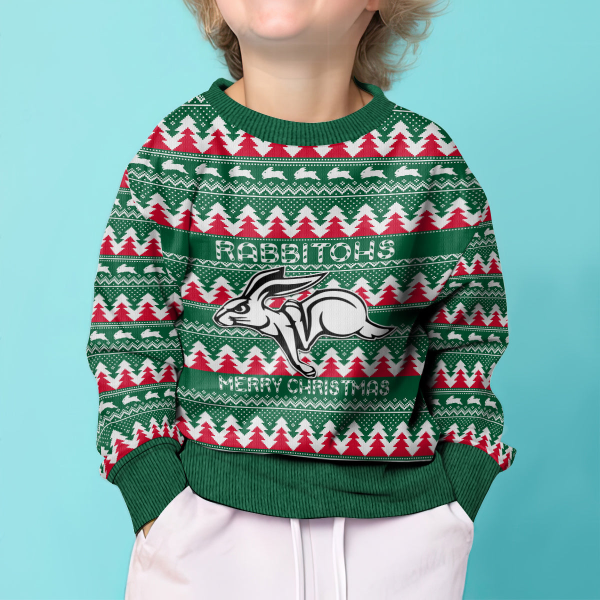 Personalised Rabbitohs Rugby Kid Ugly Christmas Sweater Christmas Simple Vibe 2023 LT9