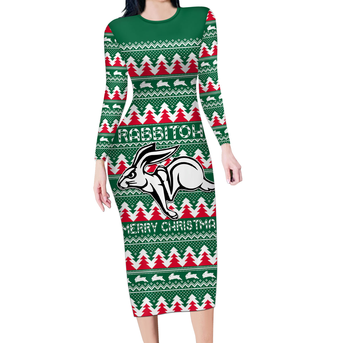 Personalised Rabbitohs Rugby Long Sleeve Bodycon Dress Christmas Simple Vibe 2023 LT9