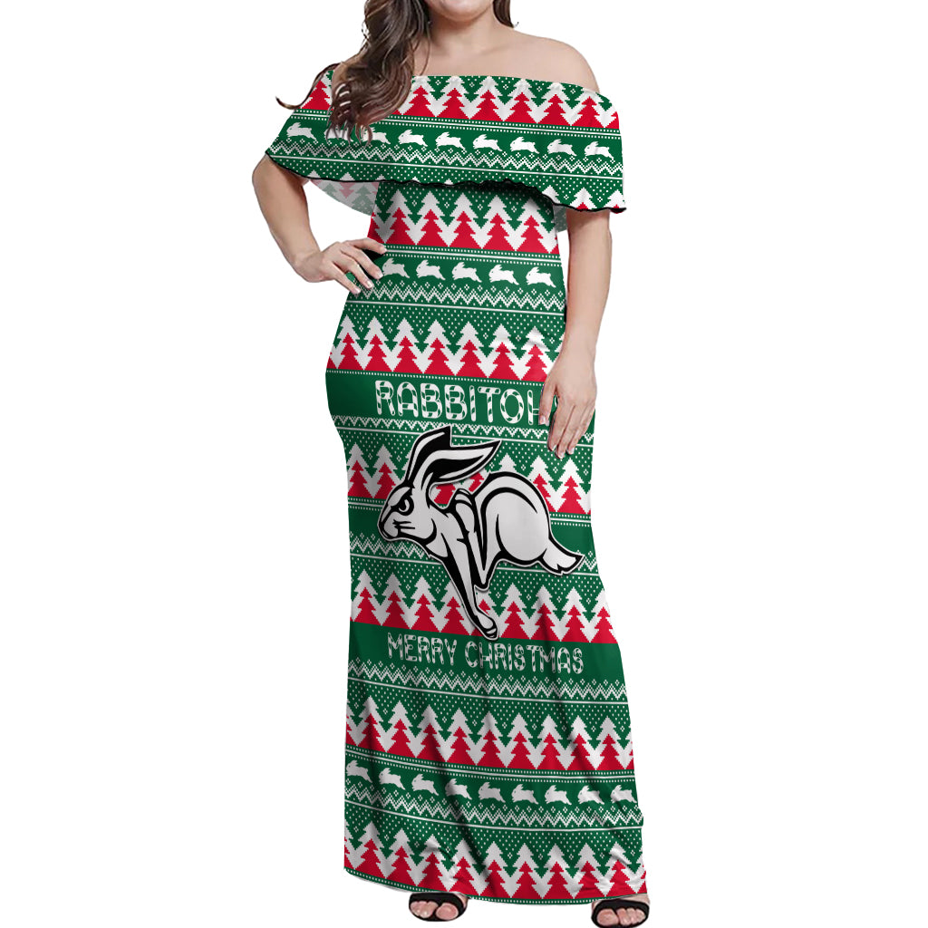Personalised Rabbitohs Rugby Off Shoulder Maxi Dress Christmas Simple Vibe 2023 LT9