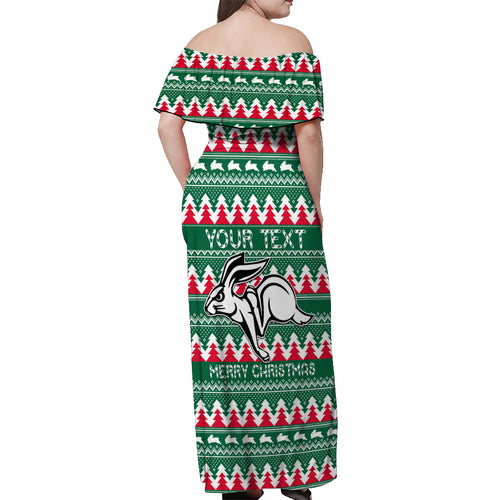 Personalised Rabbitohs Rugby Off Shoulder Maxi Dress Christmas Simple Vibe 2023 LT9