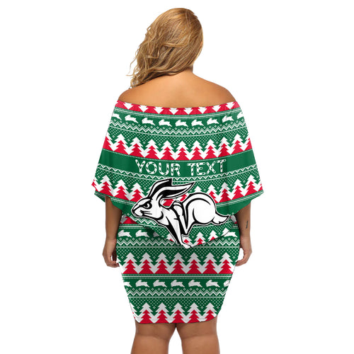 Personalised Rabbitohs Rugby Off Shoulder Short Dress Christmas Simple Vibe 2023 LT9