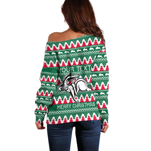 Personalised Rabbitohs Rugby Off Shoulder Sweater Christmas Simple Vibe 2023 LT9