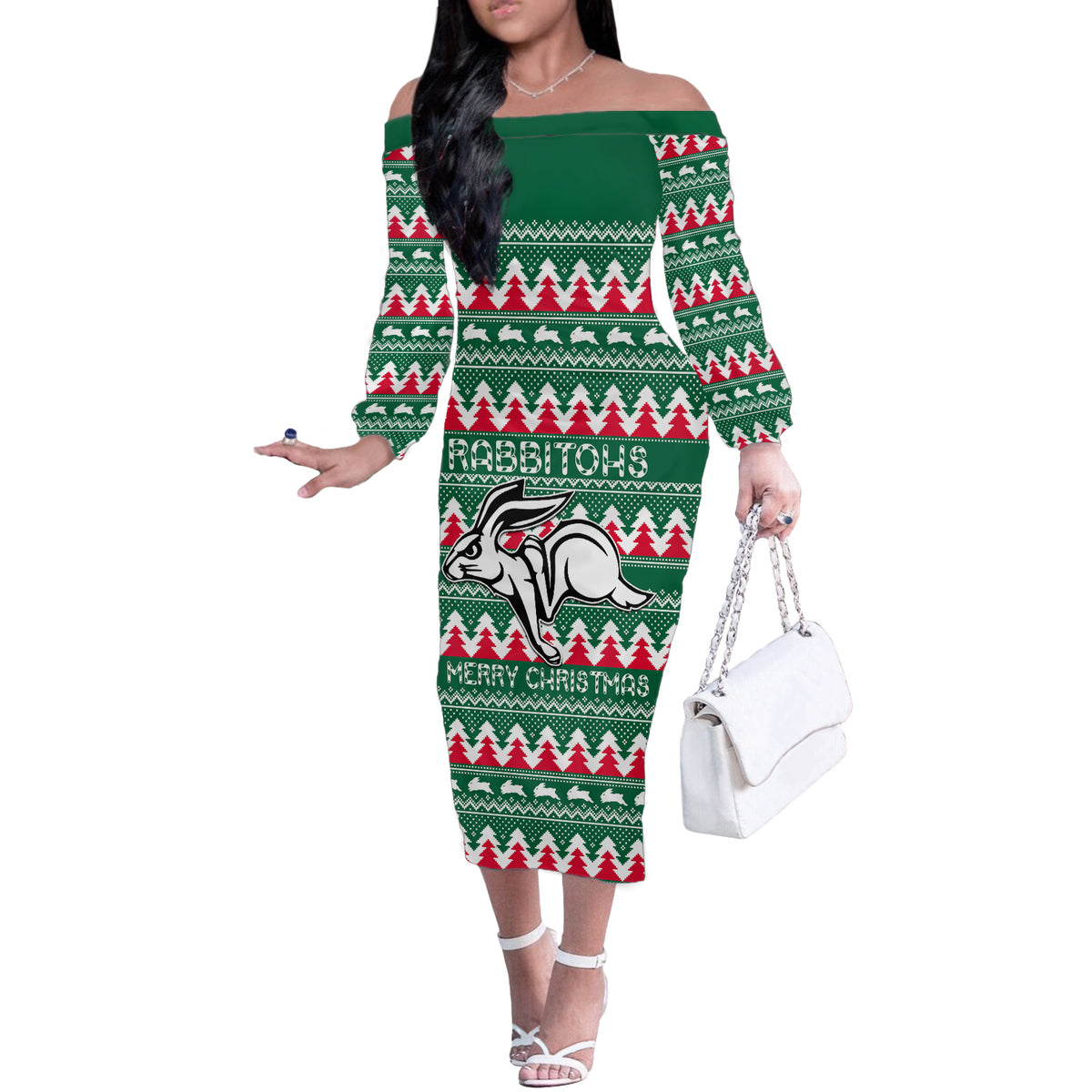 Personalised Rabbitohs Rugby Off The Shoulder Long Sleeve Dress Christmas Simple Vibe 2023 LT9