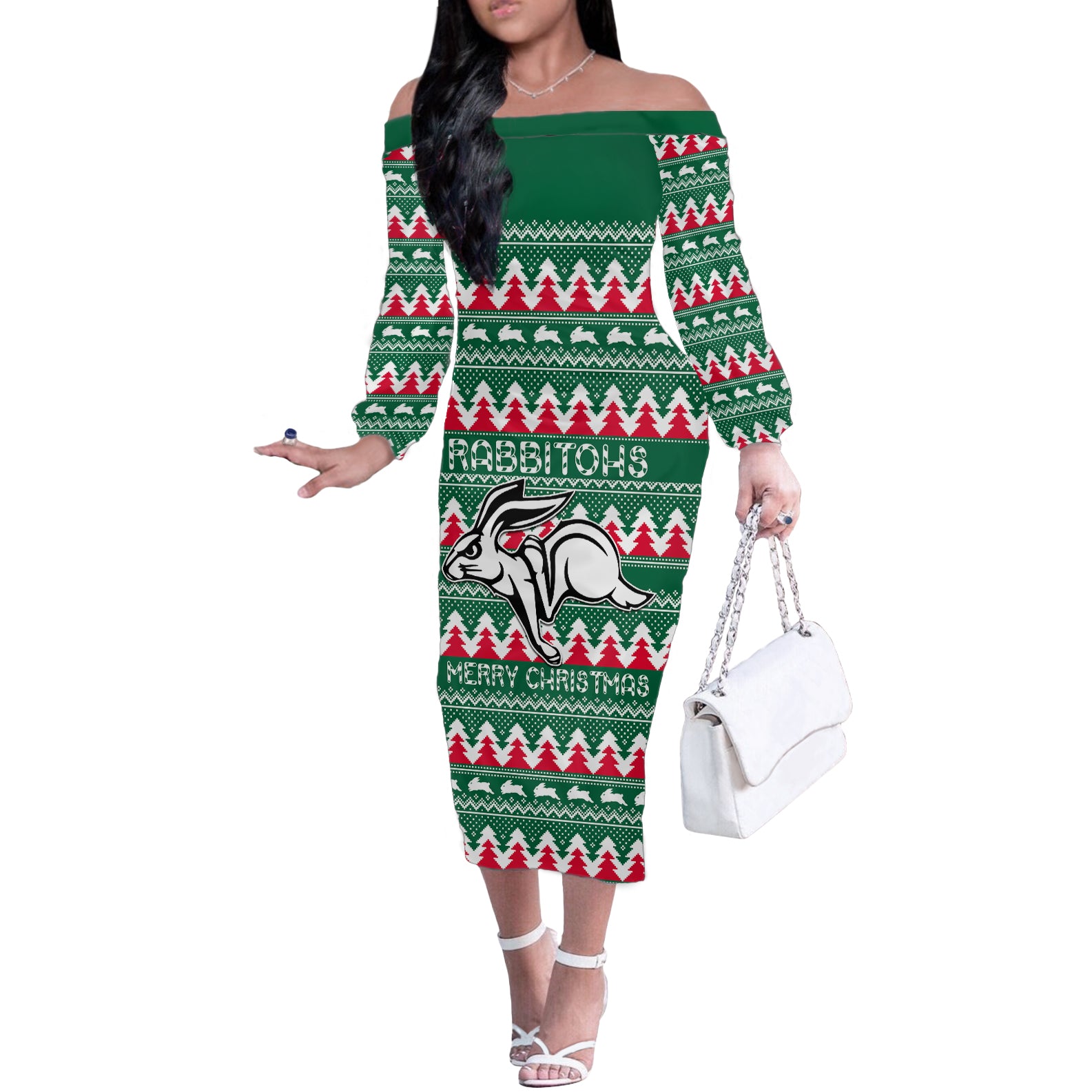 Personalised Rabbitohs Rugby Off The Shoulder Long Sleeve Dress Christmas Simple Vibe 2023 LT9