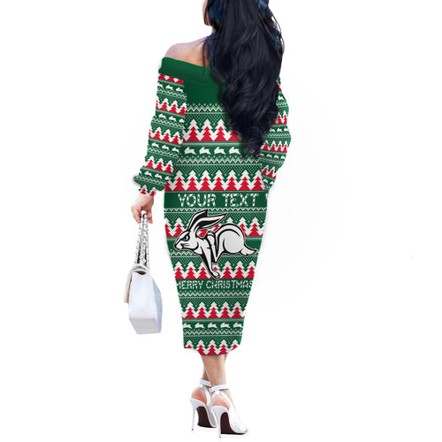 Personalised Rabbitohs Rugby Off The Shoulder Long Sleeve Dress Christmas Simple Vibe 2023 LT9