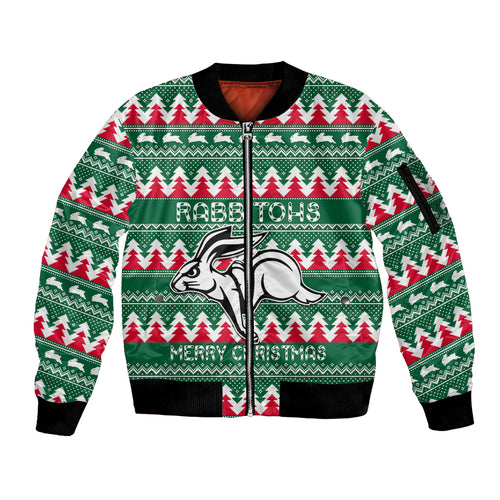 Personalised Rabbitohs Rugby Sleeve Zip Bomber Jacket Christmas Simple Vibe 2023 LT9