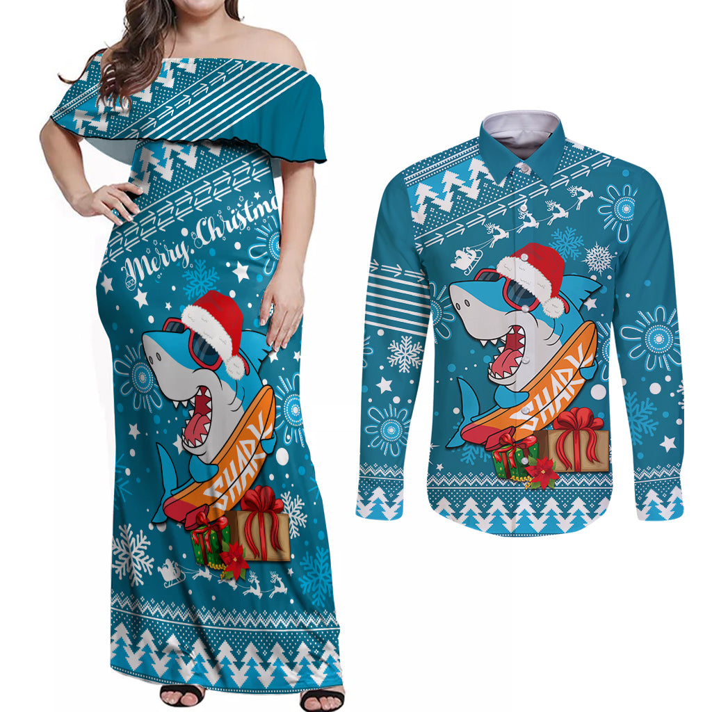 sharks-rugby-couples-matching-off-shoulder-maxi-dress-and-long-sleeve-button-shirt-chirstmas-vibe-2023