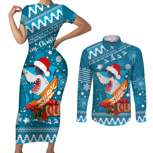 sharks-rugby-couples-matching-short-sleeve-bodycon-dress-and-long-sleeve-button-shirt-chirstmas-vibe-2023