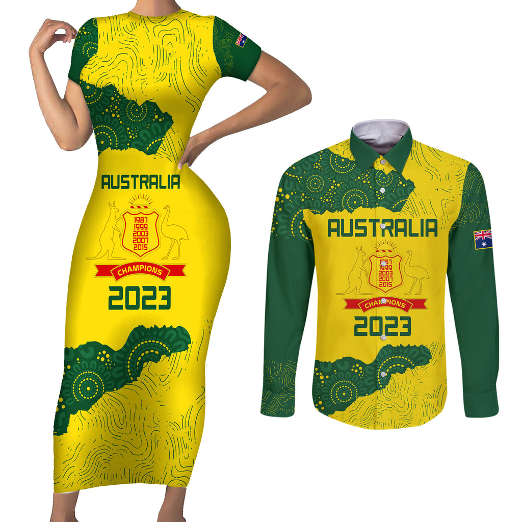 australia-cricket-couples-matching-short-sleeve-bodycon-dress-and-long-sleeve-button-shirt-history-commemorative-world-cup-winners