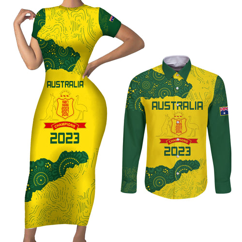 custom-australia-cricket-couples-matching-short-sleeve-bodycon-dress-and-long-sleeve-button-shirt-history-commemorative-world-cup-winners