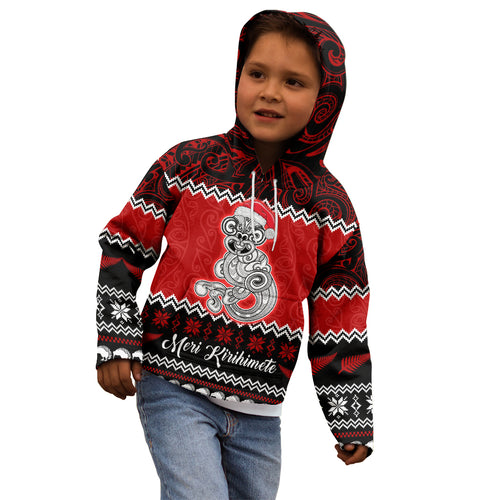 personalised-new-zealand-christmas-kid-hoodie-maori-tiki-meri-kirihimete