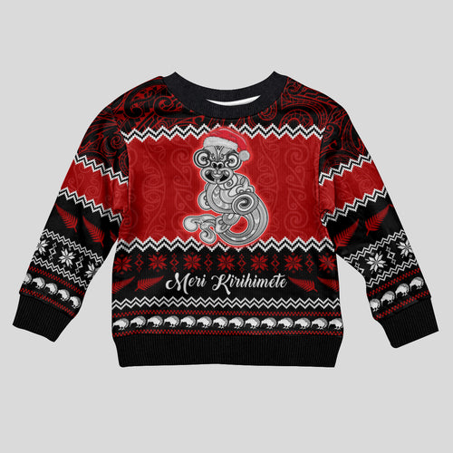 personalised-new-zealand-christmas-kid-ugly-christmas-sweater-maori-tiki-meri-kirihimete