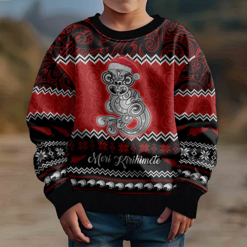personalised-new-zealand-christmas-kid-ugly-christmas-sweater-maori-tiki-meri-kirihimete