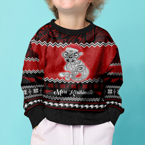 personalised-new-zealand-christmas-kid-ugly-christmas-sweater-maori-tiki-meri-kirihimete
