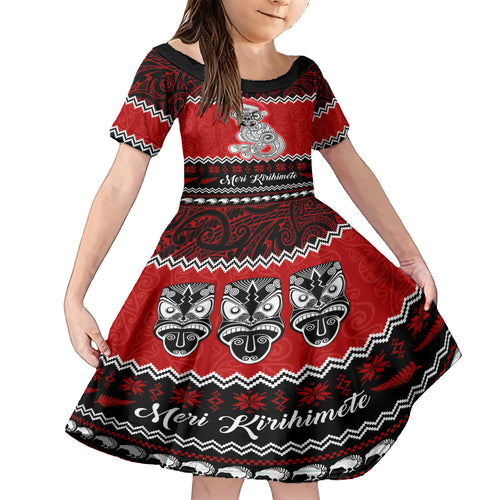 personalised-new-zealand-christmas-kid-short-sleeve-dress-maori-tiki-meri-kirihimete