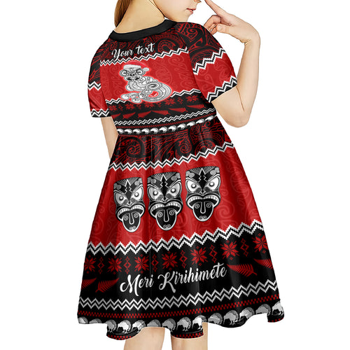 personalised-new-zealand-christmas-kid-short-sleeve-dress-maori-tiki-meri-kirihimete