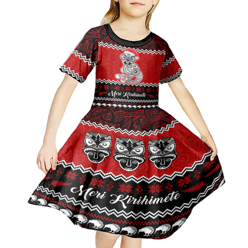 personalised-new-zealand-christmas-kid-short-sleeve-dress-maori-tiki-meri-kirihimete