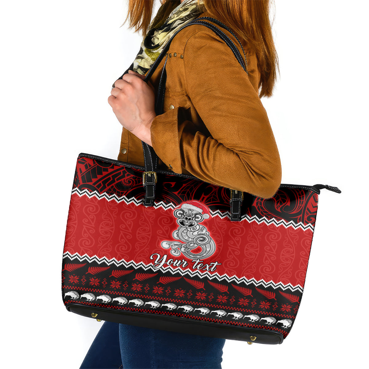 personalised-new-zealand-christmas-leather-tote-bag-maori-tiki-meri-kirihimete
