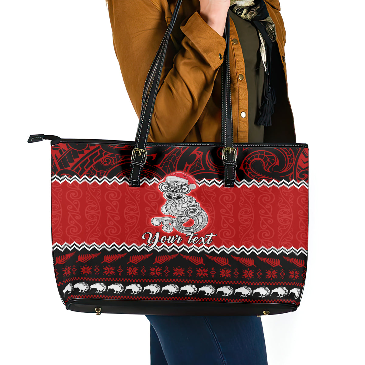 personalised-new-zealand-christmas-leather-tote-bag-maori-tiki-meri-kirihimete