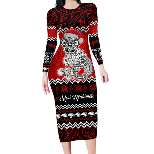 personalised-new-zealand-christmas-long-sleeve-bodycon-dress-maori-tiki-meri-kirihimete