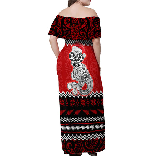 personalised-new-zealand-christmas-off-shoulder-maxi-dress-maori-tiki-meri-kirihimete