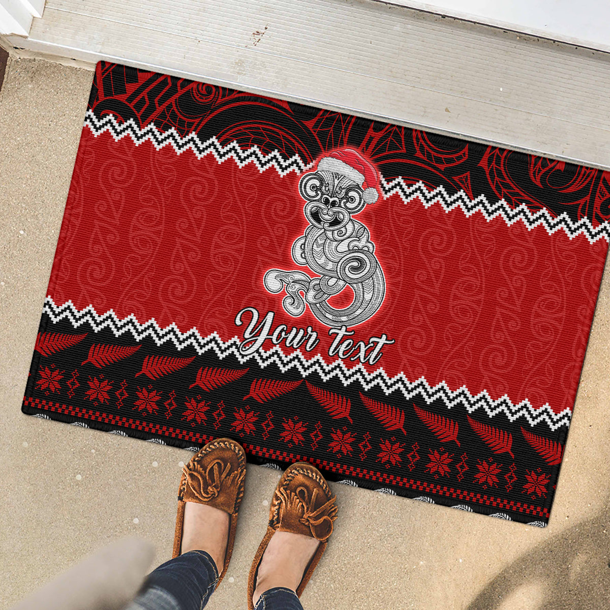 personalised-new-zealand-christmas-rubber-doormat-maori-tiki-meri-kirihimete