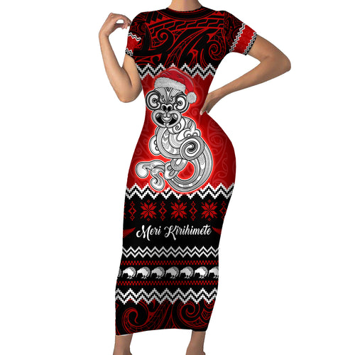 personalised-new-zealand-christmas-short-sleeve-bodycon-dress-maori-tiki-meri-kirihimete