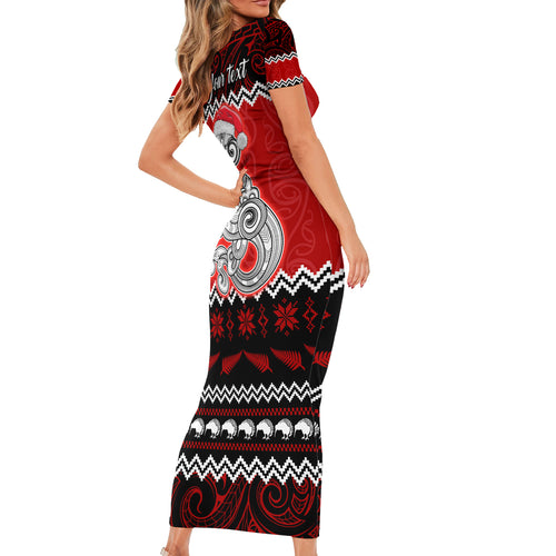 personalised-new-zealand-christmas-short-sleeve-bodycon-dress-maori-tiki-meri-kirihimete
