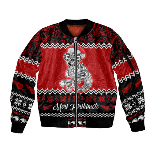 personalised-new-zealand-christmas-sleeve-zip-bomber-jacket-maori-tiki-meri-kirihimete