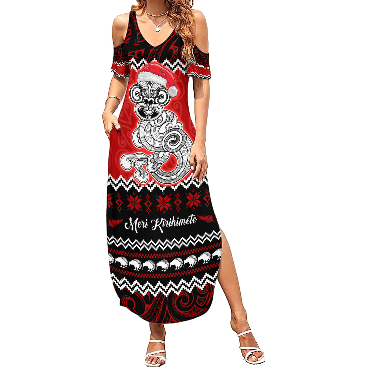 personalised-new-zealand-christmas-summer-maxi-dress-maori-tiki-meri-kirihimete