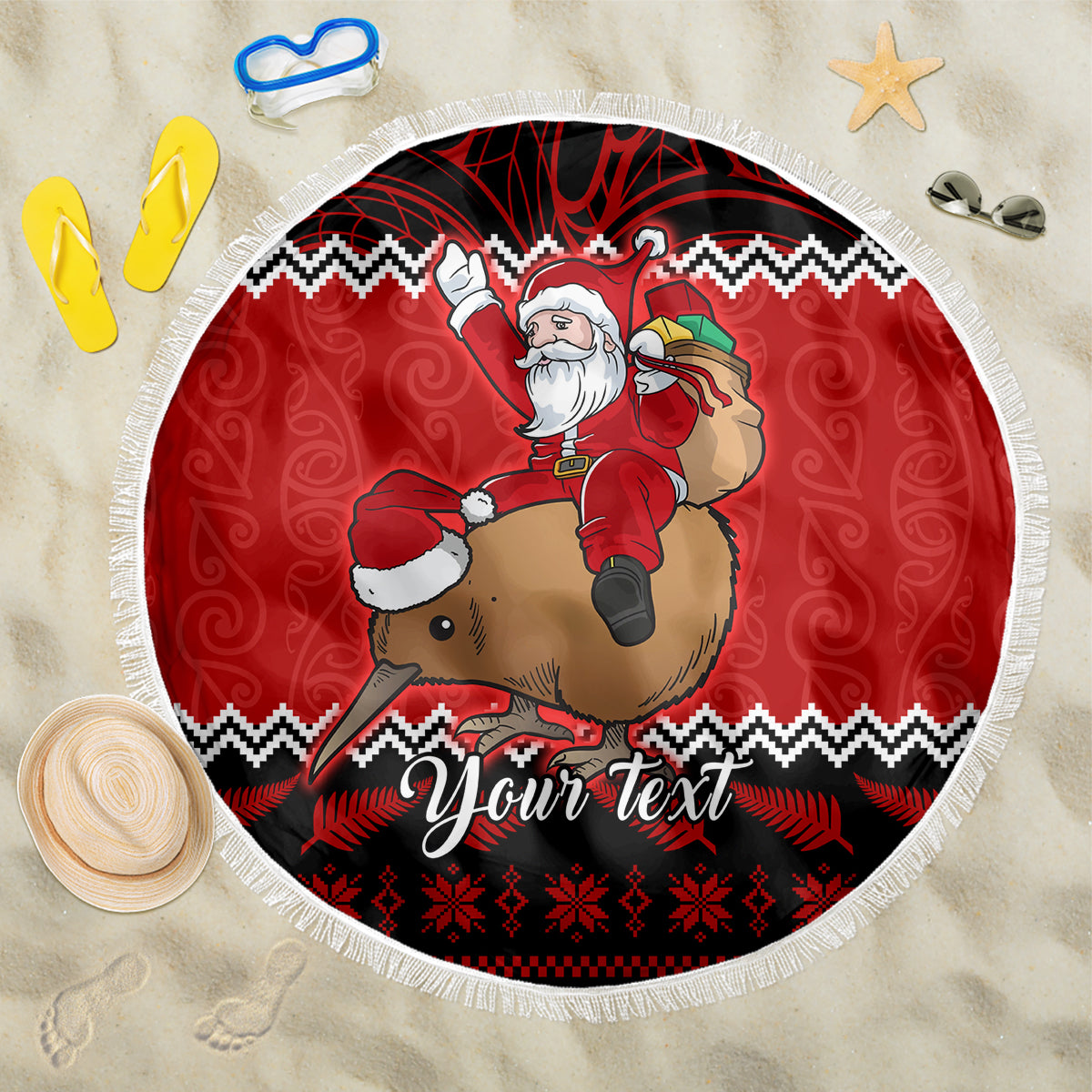 personalised-new-zealand-christmas-beach-blanket-kiwi-santa-claus-maori-meri-kirihimete