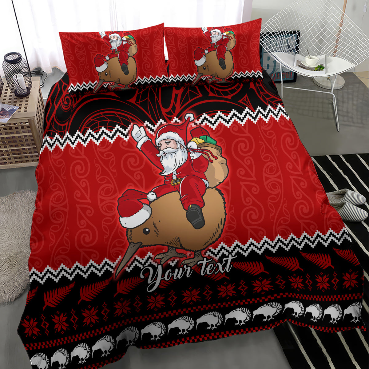 personalised-new-zealand-christmas-bedding-set-kiwi-santa-claus-maori-meri-kirihimete