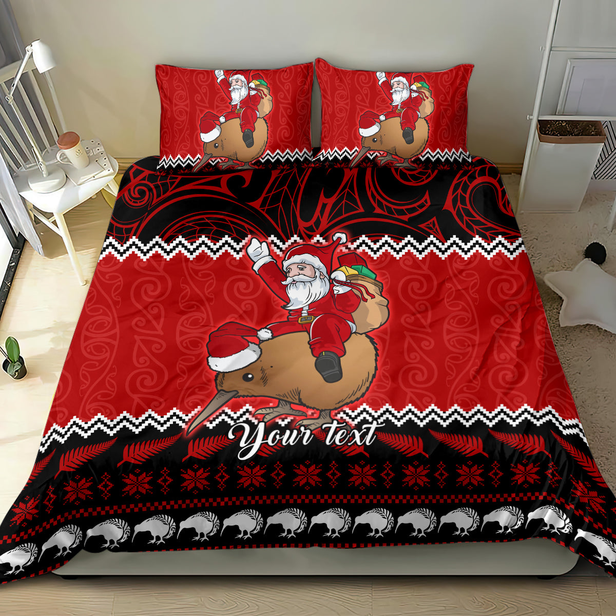 personalised-new-zealand-christmas-bedding-set-kiwi-santa-claus-maori-meri-kirihimete