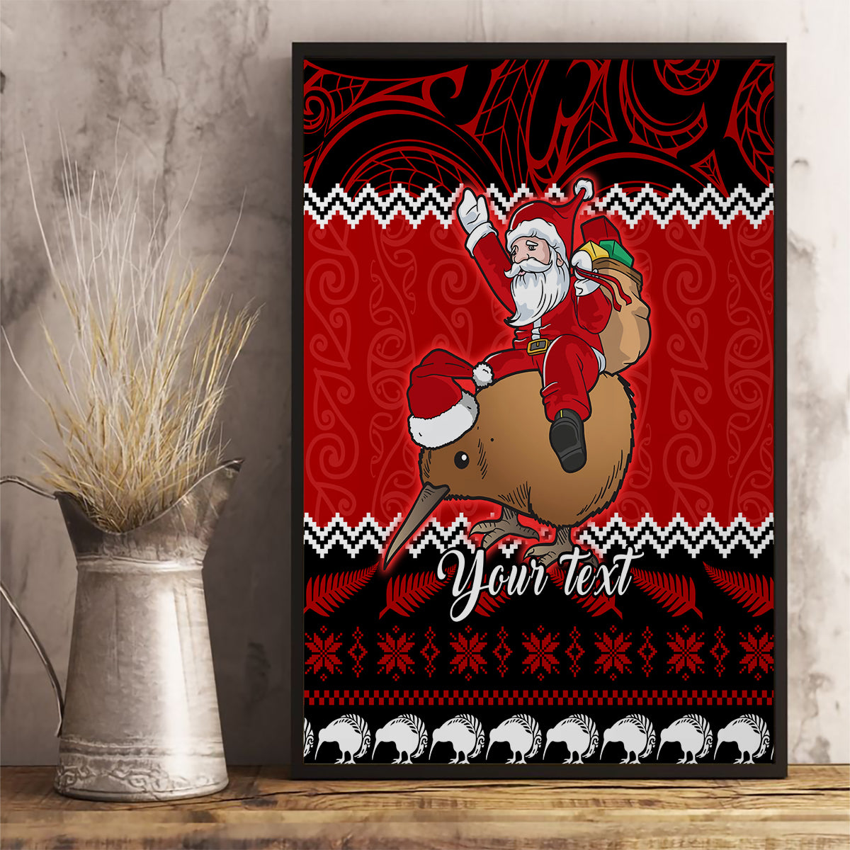 personalised-new-zealand-christmas-canvas-wall-art-kiwi-santa-claus-maori-meri-kirihimete