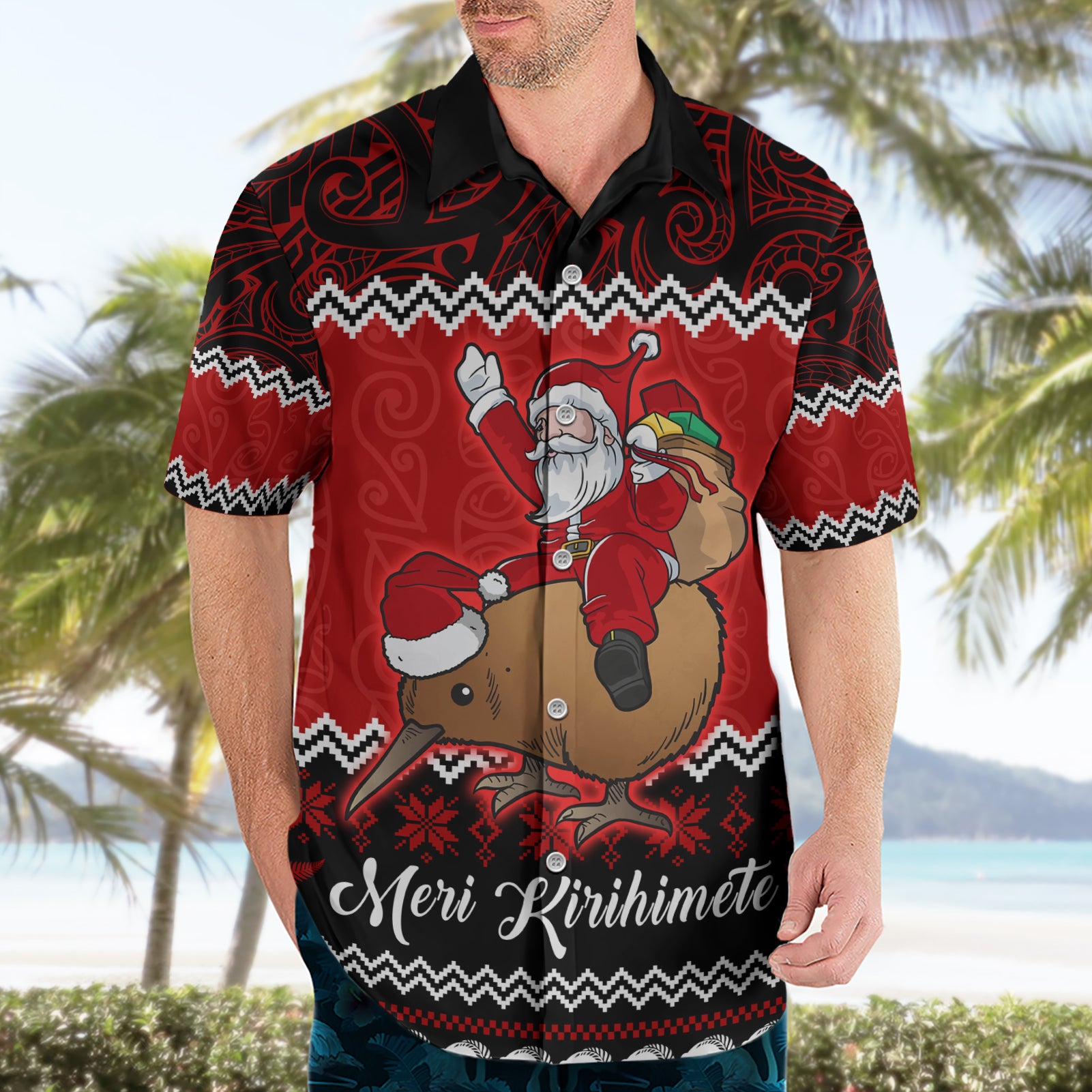 personalised-new-zealand-christmas-hawaiian-shirt-kiwi-santa-claus-maori-meri-kirihimete