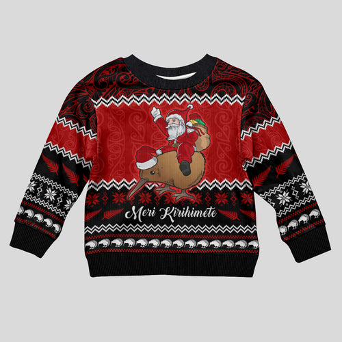personalised-new-zealand-christmas-kid-ugly-christmas-sweater-kiwi-santa-claus-maori-meri-kirihimete