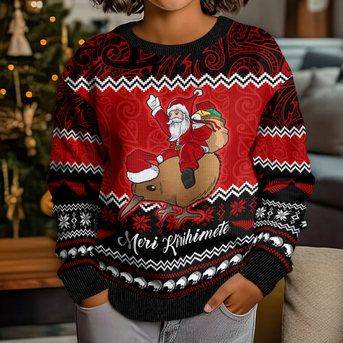 personalised-new-zealand-christmas-kid-ugly-christmas-sweater-kiwi-santa-claus-maori-meri-kirihimete