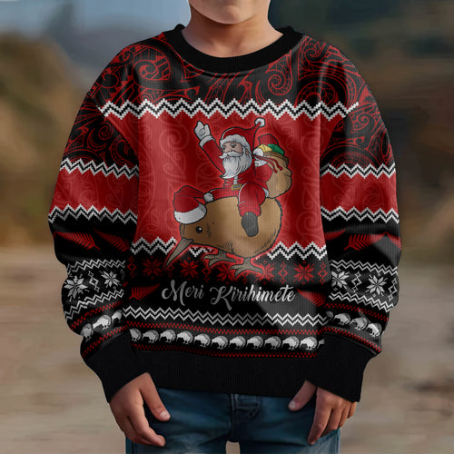 personalised-new-zealand-christmas-kid-ugly-christmas-sweater-kiwi-santa-claus-maori-meri-kirihimete