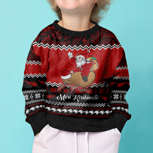 personalised-new-zealand-christmas-kid-ugly-christmas-sweater-kiwi-santa-claus-maori-meri-kirihimete